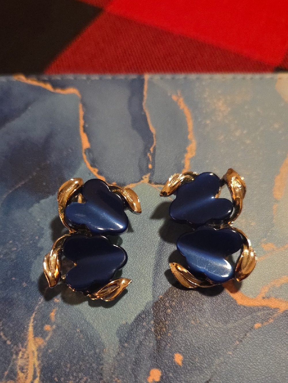Gold-Tone Navy Blue Flower Clip-On Earrings - Women's Jewelry